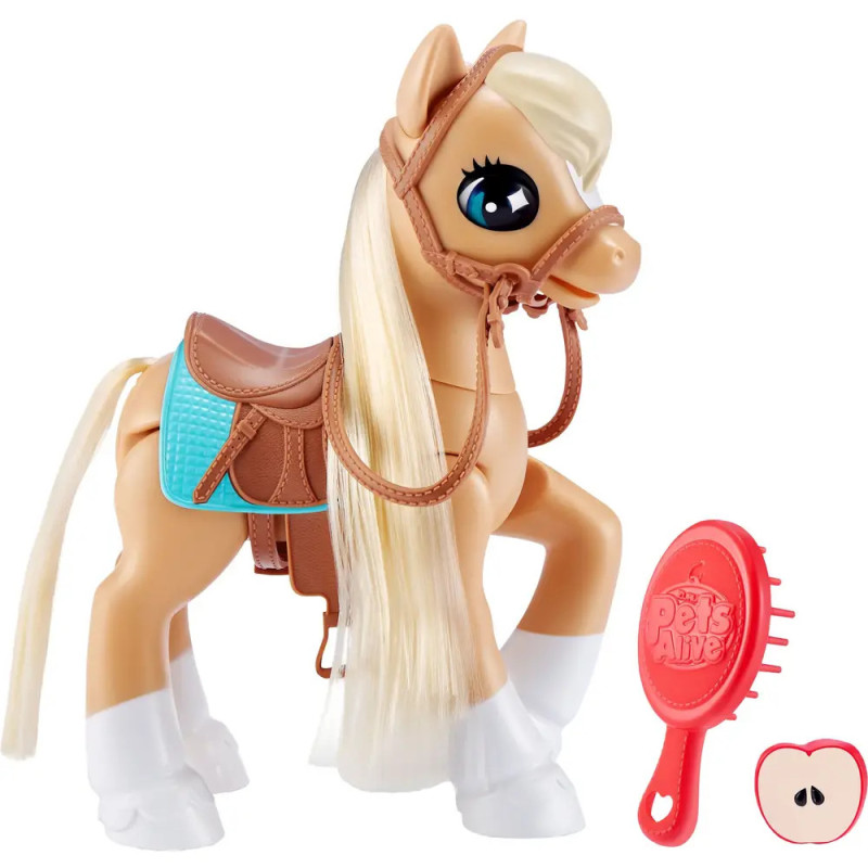 Spielzeugpferd mit blonder Mähne, blauem Sattel, rotem Bürstenzubehör und apfelförmigem Knopf.