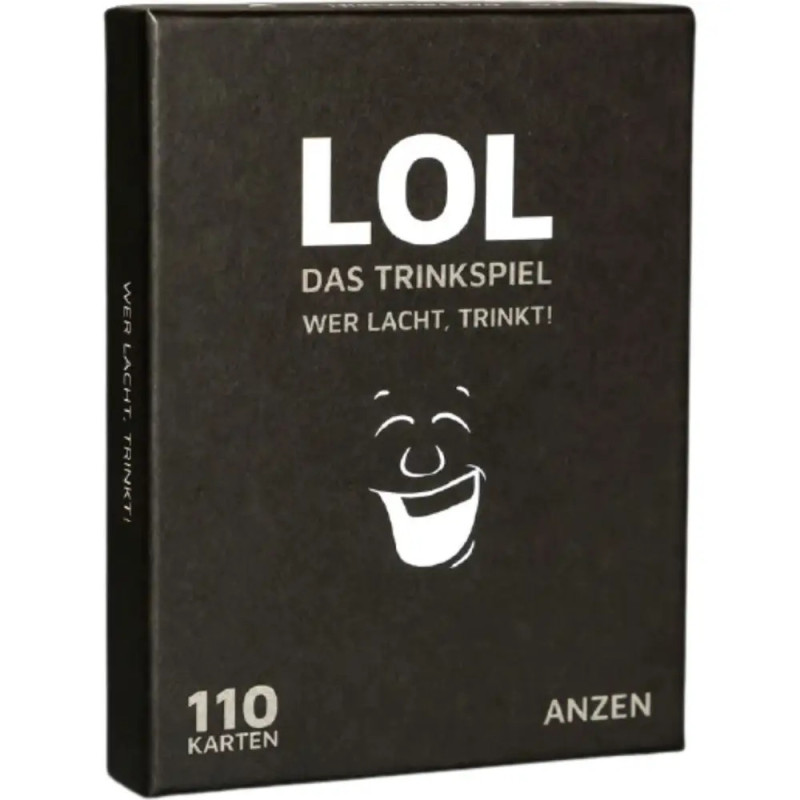 Schwarze Box von LOL Das Trinkspiel mit lächelndem Gesicht und deutschem Text auf der Vorderseite. Schwarze Box von LOL Das Trinkspiel mit lächelndem Gesicht und deutschem Text auf der Vorderseite.