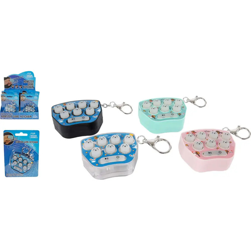 Vier Pinguin-Schlüsselanhänger in Schwarz, Blau, Grün und Pink sowie zwei blaue Verpackungen links.