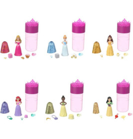 Sechs Disney-Prinzessinnenpuppen mit Zubehör, je neben einer pinken zylindrischen Dose mit Kronendeckel.