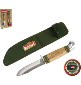 Kindermesser mit abgerundeter Klinge, Holzgriff und grünem Etui mit Scout-Logo.