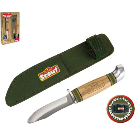 Kindermesser mit abgerundeter Klinge, Holzgriff und grünem Etui mit Scout-Logo.