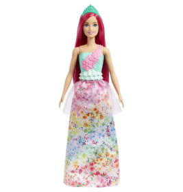 Barbiepuppe mit langen pinken Haaren, grünem Diadem und buntem Blumenkleid.