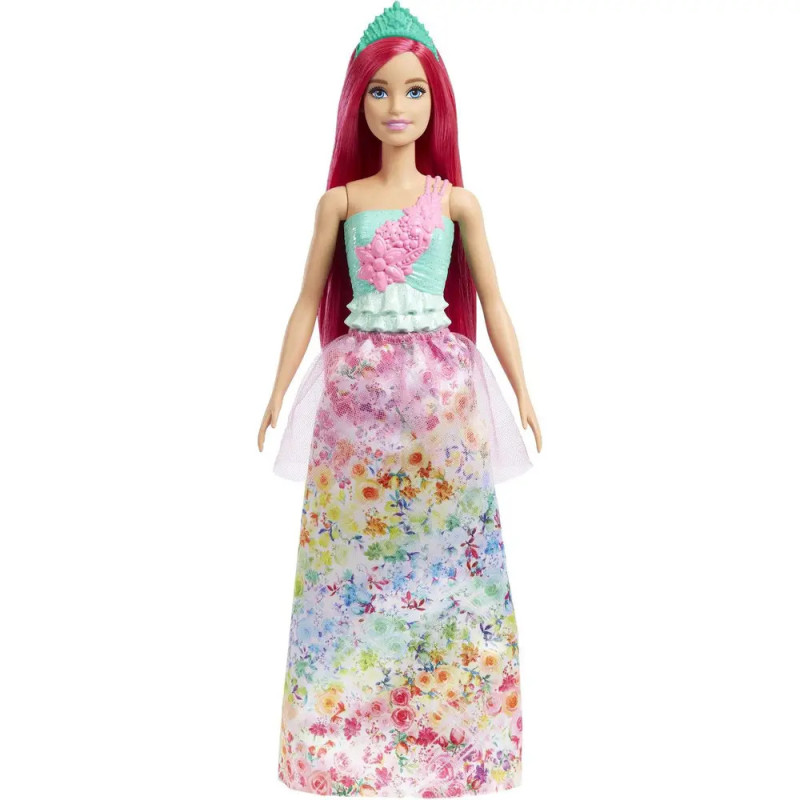 Barbiepuppe mit langen pinken Haaren, grünem Diadem und buntem Blumenkleid.