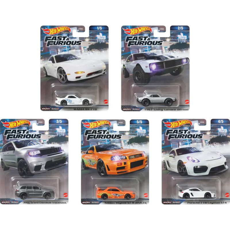 Fünf Hot Wheels Fast & Furious Autos in Verpackung, jeweils Modell eines bekannten Filmfahrzeugs. Fünf Hot Wheels Fast & Furious Autos in Verpackung, jeweils Modell eines bekannten Filmfahrzeugs.