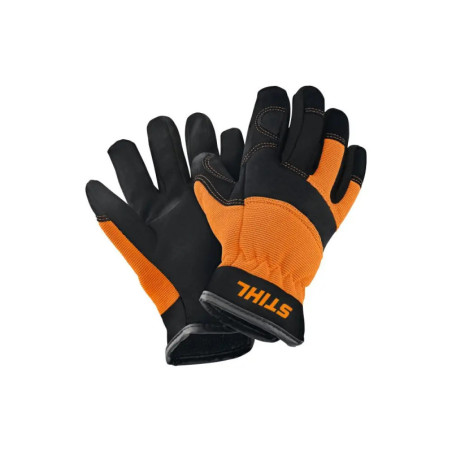 Orange-schwarze STIHL Arbeitshandschuhe mit verstärkten Handflächen auf weißem Hintergrund.