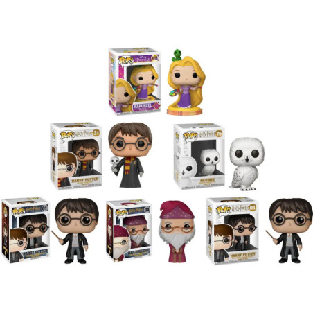 Funko Pop Figuren von Rapunzel, Harry Potter, Hedwig, Dumbledore und Sirius Black sind mit Verpackung ausgestellt.
