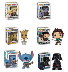 Sechs Funko Pop! Figuren in Boxen: Boruto, Thanos, Groot, Tanjiro, Stitch und Darth Vader.