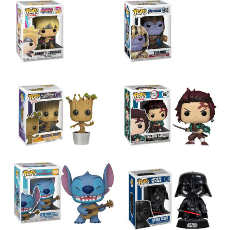 Sechs Funko Pop! Figuren in Boxen: Boruto, Thanos, Groot, Tanjiro, Stitch und Darth Vader.