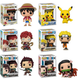 Sechs Anime-Funko-Pop-Figuren (Luffy, Pikachu, Gaara, Naruto, Tanjiro, Nezuko) mit ihren Verpackungen.