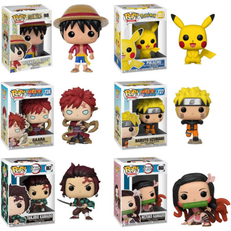 Sechs Anime-Funko-Pop-Figuren (Luffy, Pikachu, Gaara, Naruto, Tanjiro, Nezuko) mit ihren Verpackungen.