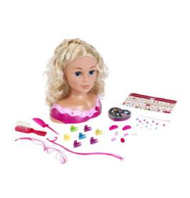 Blonder Stylingpuppenkopf mit Haarzubehör, Bürste, Perlen und Make-up-Set darum angeordnet.