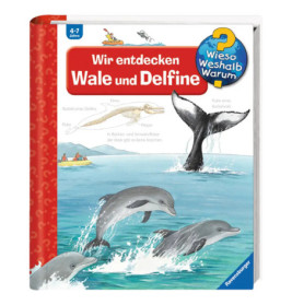 Kinderbuchcover auf Deutsch mit springenden Delfinen und dem Schwanz einer Wal über der Wasseroberfläche.