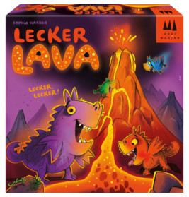 Bunte Spielebox mit spielenden Drachen um einen ausbrechenden Vulkan, Titel: Lecker Lava.