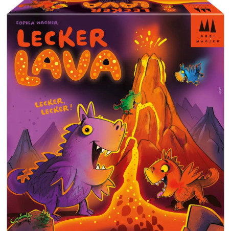 Bunte Spielebox mit spielenden Drachen um einen ausbrechenden Vulkan, Titel: Lecker Lava.