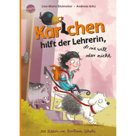 Ein Mädchen mit Rucksack betritt ein Klassenzimmer Hund und Schwein sind auf dem Cover eines deutschen Kinderbuchs.