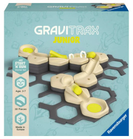 GraviTrax Junior Starter Set: Karton mit Murmelbahn-Spiel, Rampen, Plattformen und gelben Kugeln.