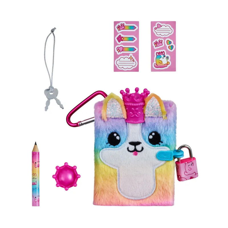 Buntes Plüsch-Lama-Tagebuch mit Schloss, Schlüsseln, Stickern, Stift und pinkem Anhänger ordentlich arrangiert.