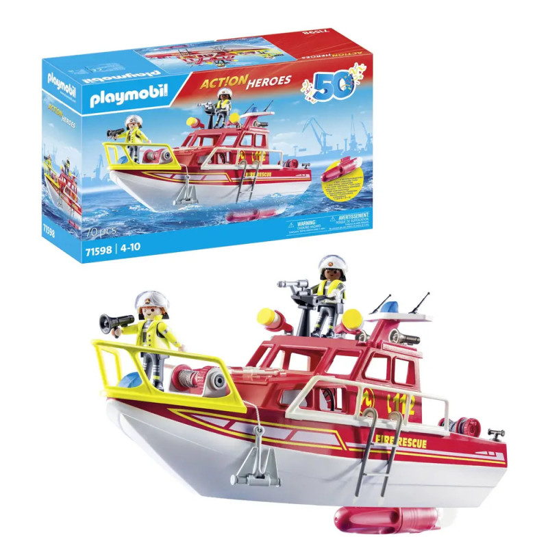Playmobil Feuerwehreinsatz-Boot mit Feuerwehrfiguren, Wasserkanone und bunter Verpackung im Hintergrund. Playmobil Feuerwehreinsatz-Boot mit Feuerwehrfiguren, Wasserkanone und bunter Verpackung im Hintergrund.