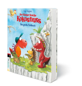Buntes Kinderbuchcover: Zwei Cartoon-Drachen und ein Igel stehen auf Gras vor einer Felswand, darüber ein Vogel.