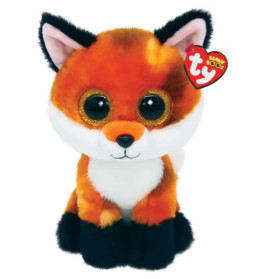 Ein Plüschfuchs mit großen Glitzeraugen und rotem TY Beanie Boo-Anhänger am Ohr.