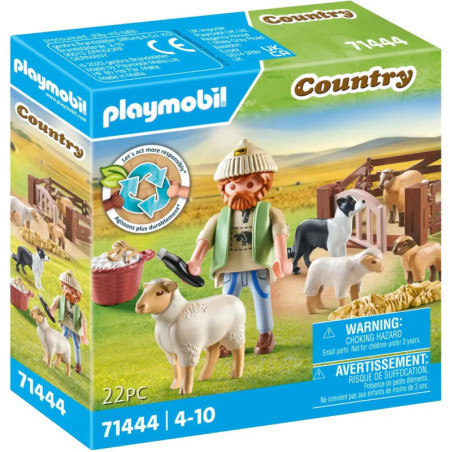 Playmobil Country Set mit Bauer, Schaf, Hund und ländlicher Kulisse, geeignet für Kinder von 4 bis 10 Jahren.
