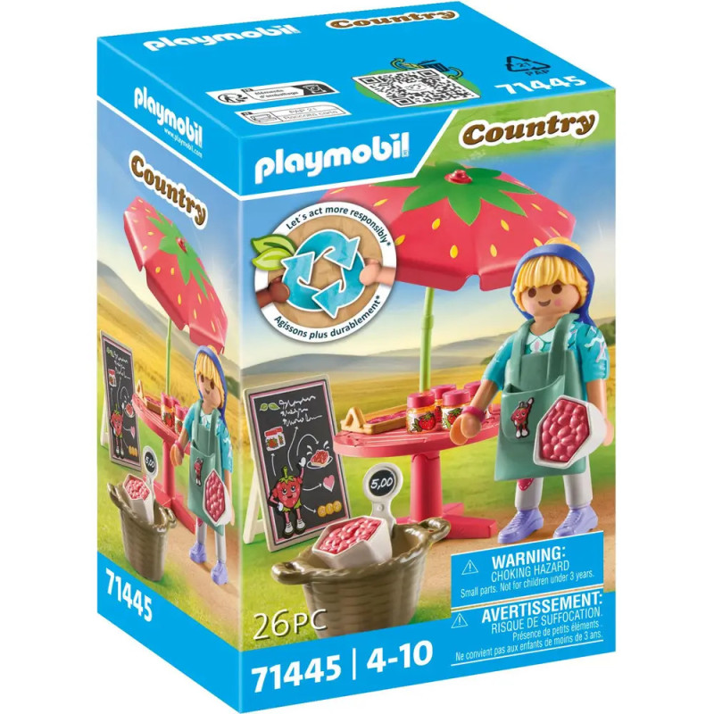 Playmobil Country Spielset-Box mit Figur am Erdbeerstand, Körben und einer Kreidetafel.