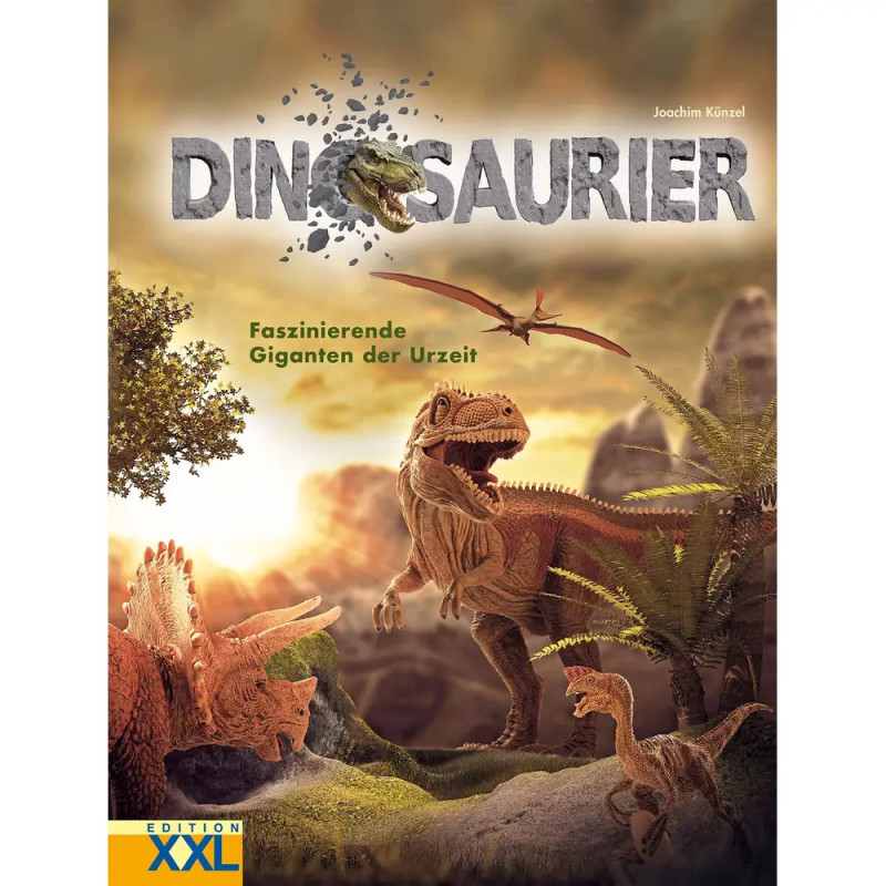 Buchcover mit Dinosauriern, fliegendem Flugsaurier und Bäumen, oben der deutsche Titel Dinosaurier. Buchcover mit Dinosauriern, fliegendem Flugsaurier und Bäumen, oben der deutsche Titel Dinosaurier.