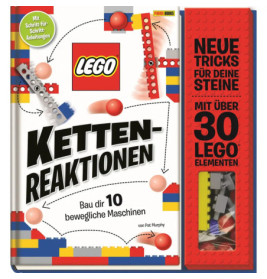 LEGO Kettenreaktionen: Buchcover mit LEGO-Teilen, Infos zu 30 Elementen und 10 beweglichen Maschinen-Projekten.