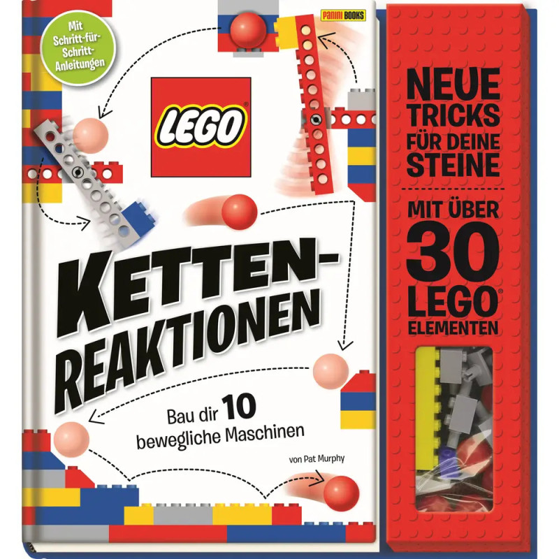 LEGO Kettenreaktionen: Buchcover mit LEGO-Teilen, Infos zu 30 Elementen und 10 beweglichen Maschinen-Projekten.