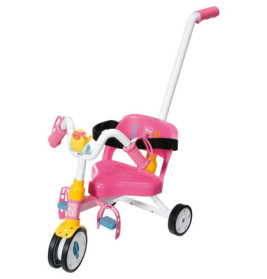 Rosa-gelbes Kinder-Dreirad mit Schiebestange und Sicherheitsgurt, geeignet für Kleinkinder.