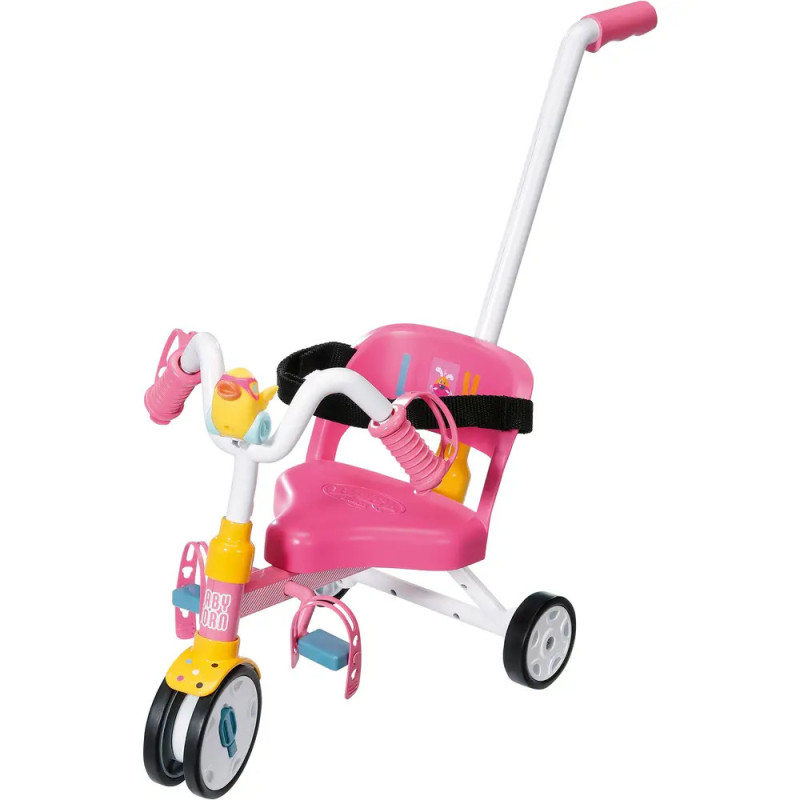 Rosa-gelbes Kinder-Dreirad mit Schiebestange und Sicherheitsgurt, geeignet für Kleinkinder. Rosa-gelbes Kinder-Dreirad mit Schiebestange und Sicherheitsgurt, geeignet für Kleinkinder.