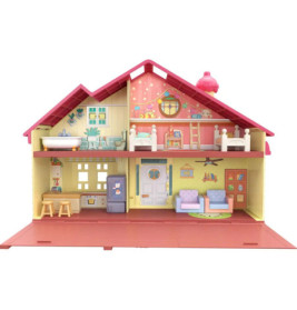 Buntes Puppenhaus mit zwei Etagen, Möbeln und Deko im Inneren, pinkes Dach.