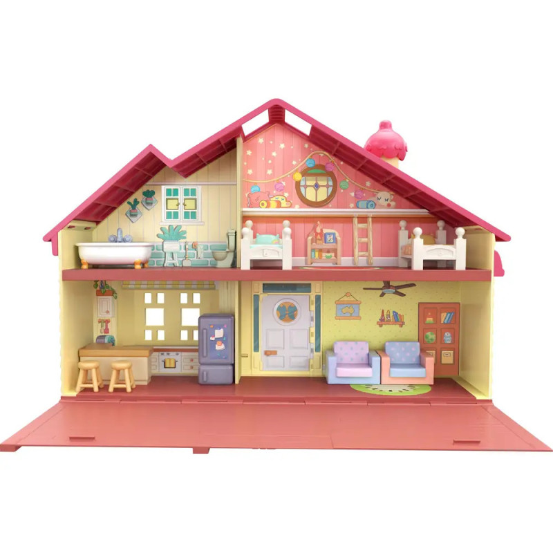 Buntes Puppenhaus mit zwei Etagen, Möbeln und Deko im Inneren, pinkes Dach. Buntes Puppenhaus mit zwei Etagen, Möbeln und Deko im Inneren, pinkes Dach.