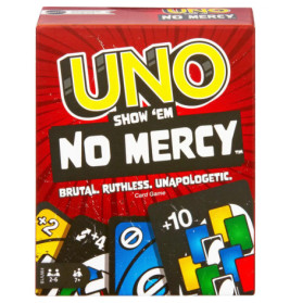 UNO No Mercy Kartenspiel-Box mit auffälligem Schriftzug und mehreren bunten Karten am unteren Rand.