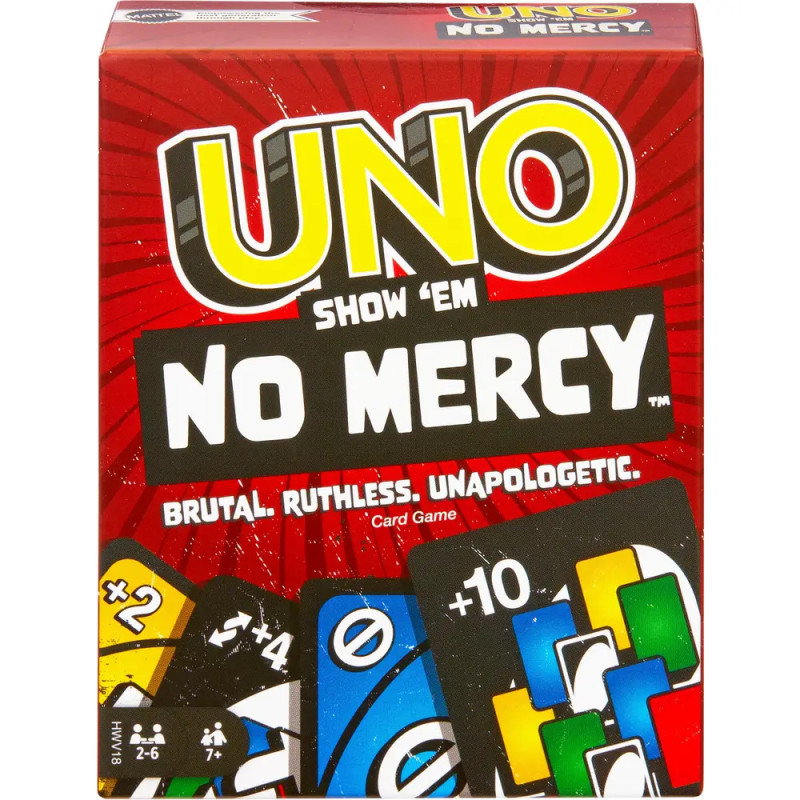 UNO No Mercy Kartenspiel-Box mit auffälligem Schriftzug und mehreren bunten Karten am unteren Rand.