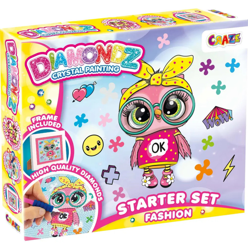 Bunte Verpackung des Diamondz Crystal Painting Starter Sets mit einer Eule, die eine Brille und gelbe Schleife trägt.