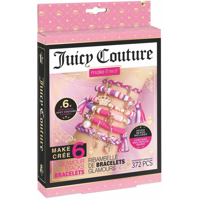 Juicy Couture Armband-Set in rosa-goldener Box, zeigt sechs bunte Glam-Armbänder auf der Vorderseite.