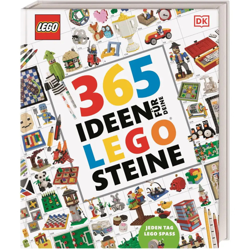 Buchcover mit LEGO-Bauten und dem Titel 365 Ideen für deine LEGO Steine in bunten, fetten Buchstaben. Buchcover mit LEGO-Bauten und dem Titel 365 Ideen für deine LEGO Steine in bunten, fetten Buchstaben.