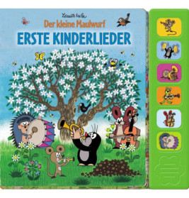 Cartoon-Maulwurf und Tierfreunde musizieren unter blühendem Baum Cover eines deutschen Kinderliederbuchs.