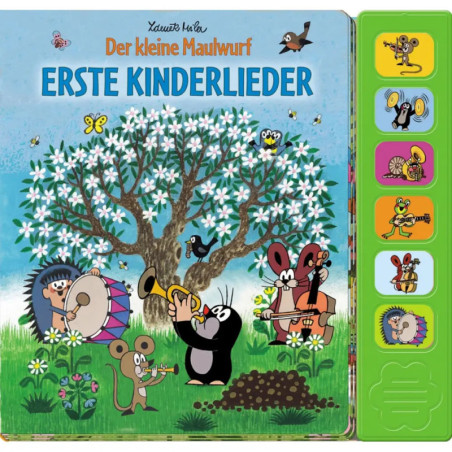 Cartoon-Maulwurf und Tierfreunde musizieren unter blühendem Baum Cover eines deutschen Kinderliederbuchs.