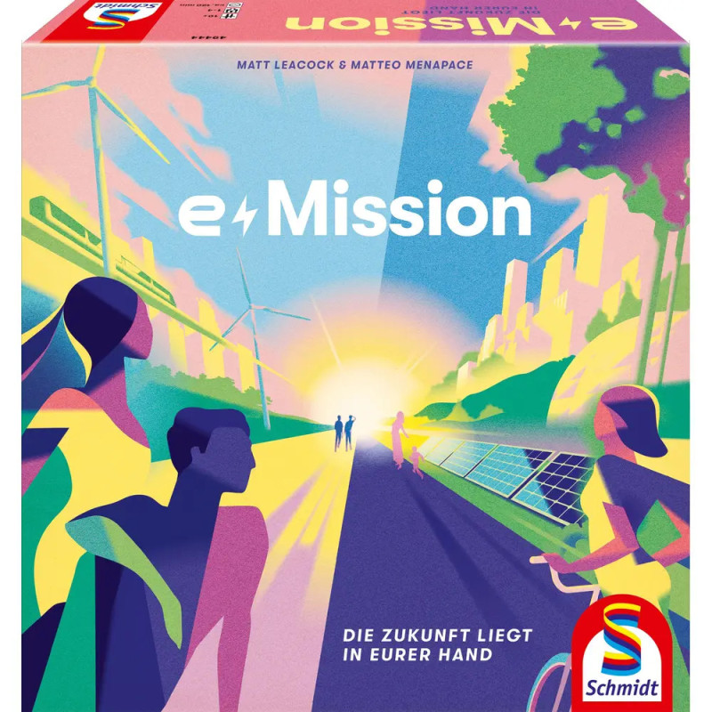 Bunte Illustration mit Menschen, Windrädern und Solarpanels sowie e-Mission-Schriftzug auf einer Spielbox. Bunte Illustration mit Menschen, Windrädern und Solarpanels sowie e-Mission-Schriftzug auf einer Spielbox.