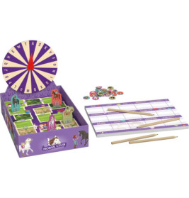 Pferde-Brettspiel mit Drehscheibe, Spielfiguren, Stiften, Wertungsbögen und Pferdefiguren auf lila Schachtel.