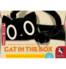 Eine stilisierte schwarze Katze mit großen Augen ziert das Cat in the Box-Spielbrett von Pegasus Spiele.