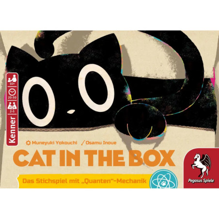Eine stilisierte schwarze Katze mit großen Augen ziert das Cat in the Box-Spielbrett von Pegasus Spiele.