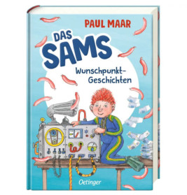 Buchcover von Das Sams Wunschpunkt-Geschichten: Rotschopf steht neben einer Maschine mit Würsten und Geld.