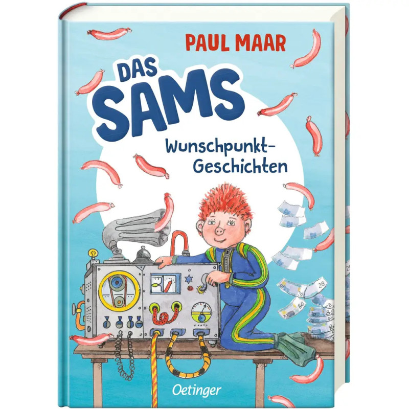 Buchcover von Das Sams Wunschpunkt-Geschichten: Rotschopf steht neben einer Maschine mit Würsten und Geld. Buchcover von Das Sams Wunschpunkt-Geschichten: Rotschopf steht neben einer Maschine mit Würsten und Geld.
