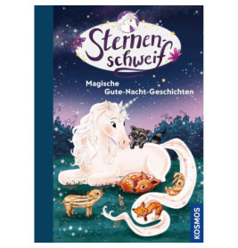 Ein weißes Einhorn und Waldbewohner ruhen auf einem deutschen Kinderbuchcover unter sternklarem Nachthimmel.