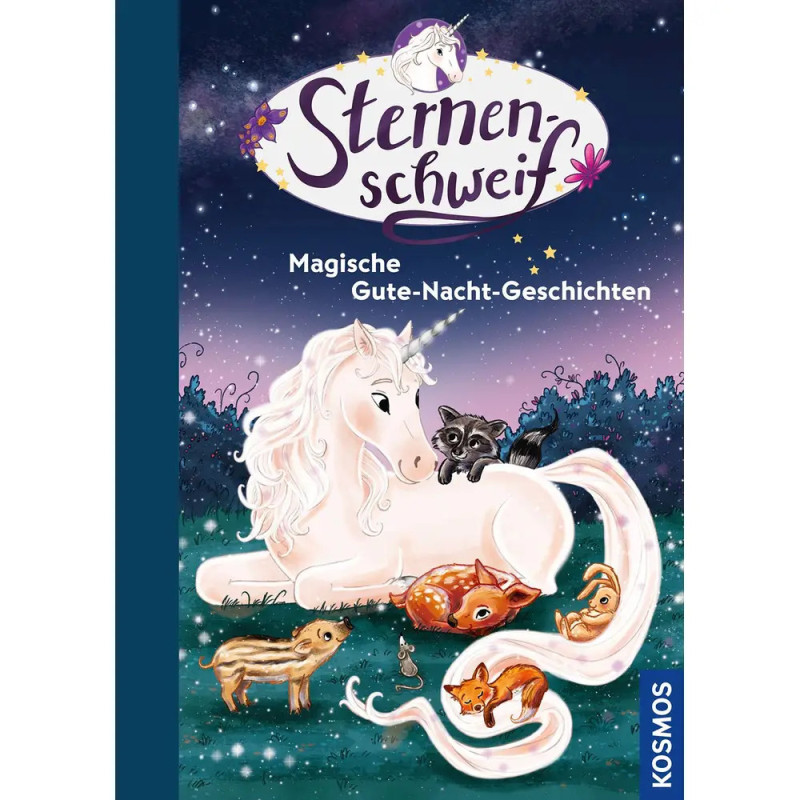 Ein weißes Einhorn und Waldbewohner ruhen auf einem deutschen Kinderbuchcover unter sternklarem Nachthimmel.