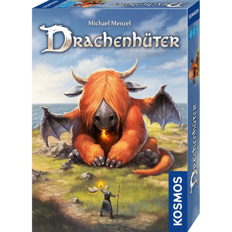 Spielschachtel von Drachenhüter mit einem großen, orangefarbenen Drachenwesen und einem Zauberer auf dem Cover. Spielschachtel von Drachenhüter mit einem großen, orangefarbenen Drachenwesen und einem Zauberer auf dem Cover.